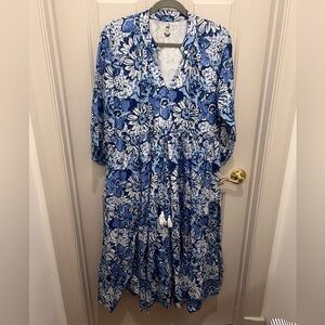 Blue and White Whimsical Dress or Cover-Up, Lined: XL